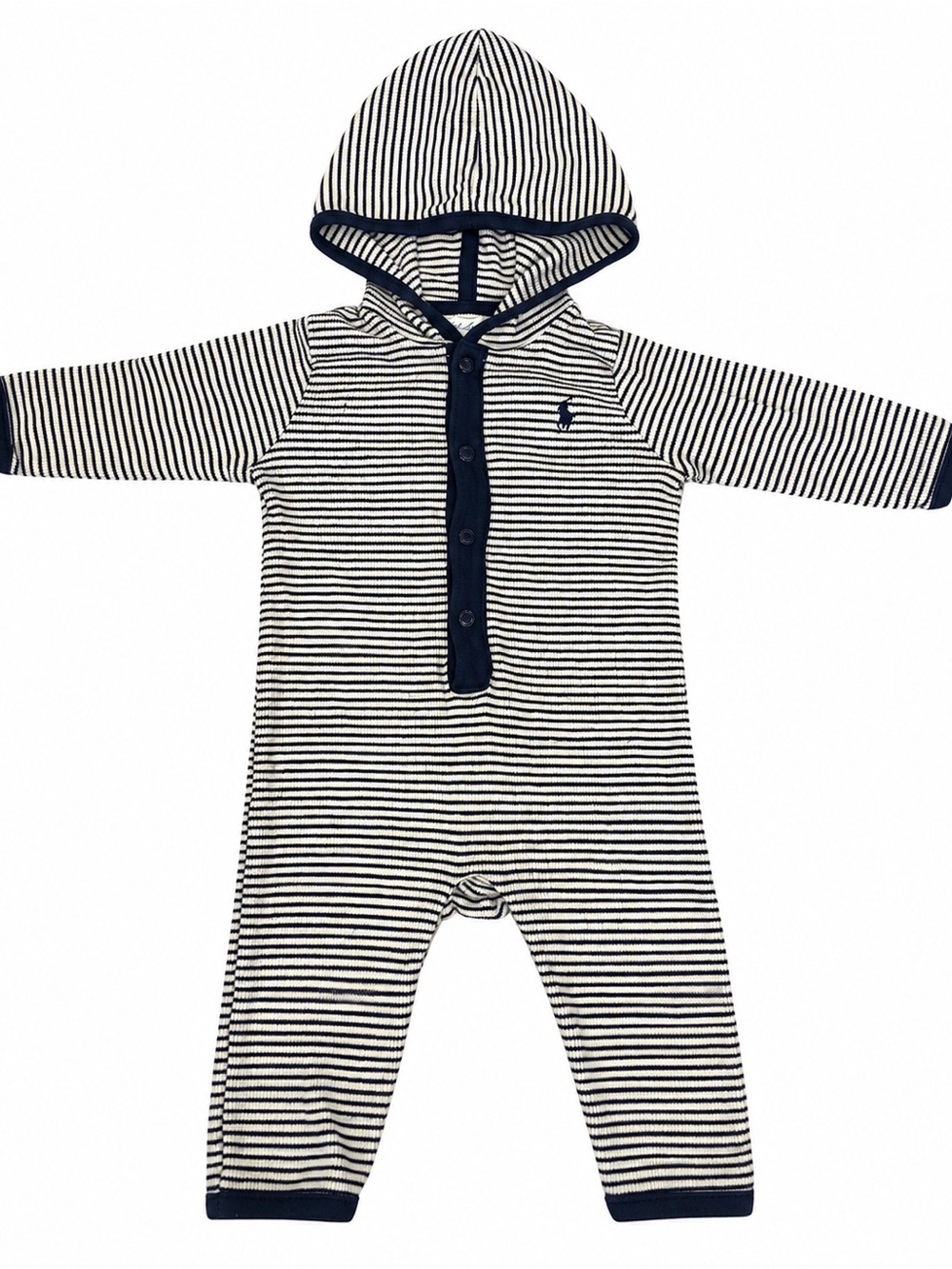 Polo Ralph Lauren Baby Boy Striped Hooded Romper Coverall Navy White 6M